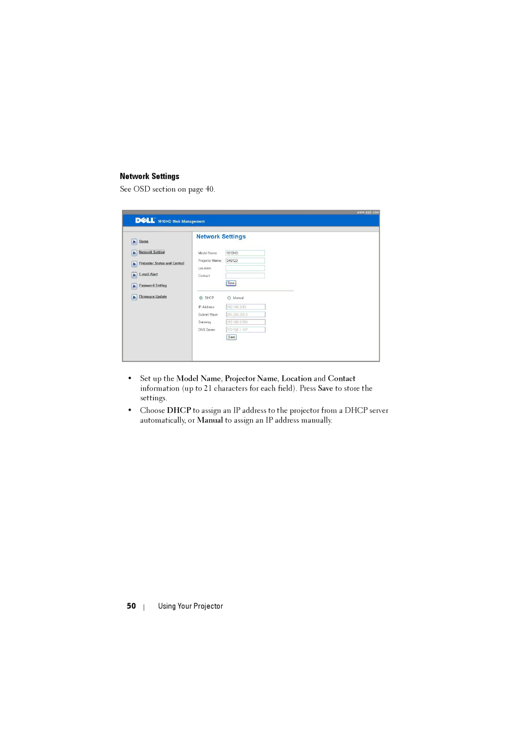 Dell 1610HD manual Network Settings 