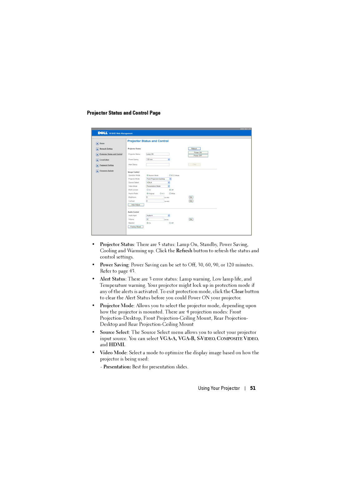 Dell 1610HD manual Projector Status and Control 