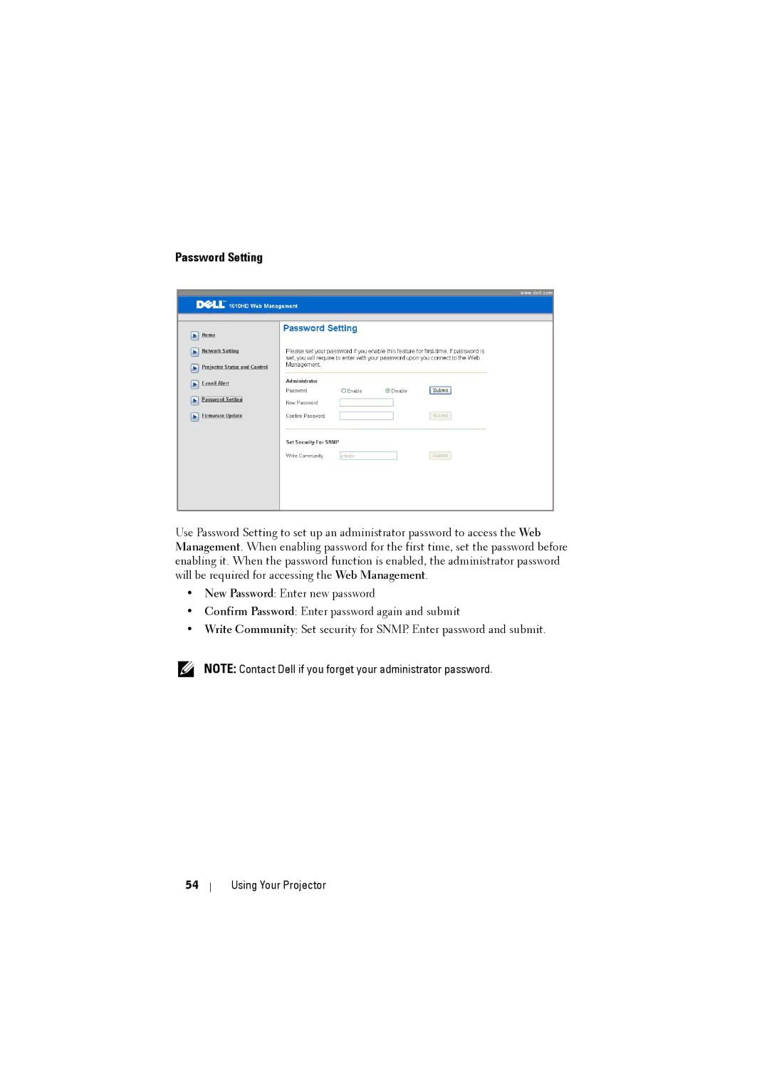 Dell 1610HD manual Password Setting 