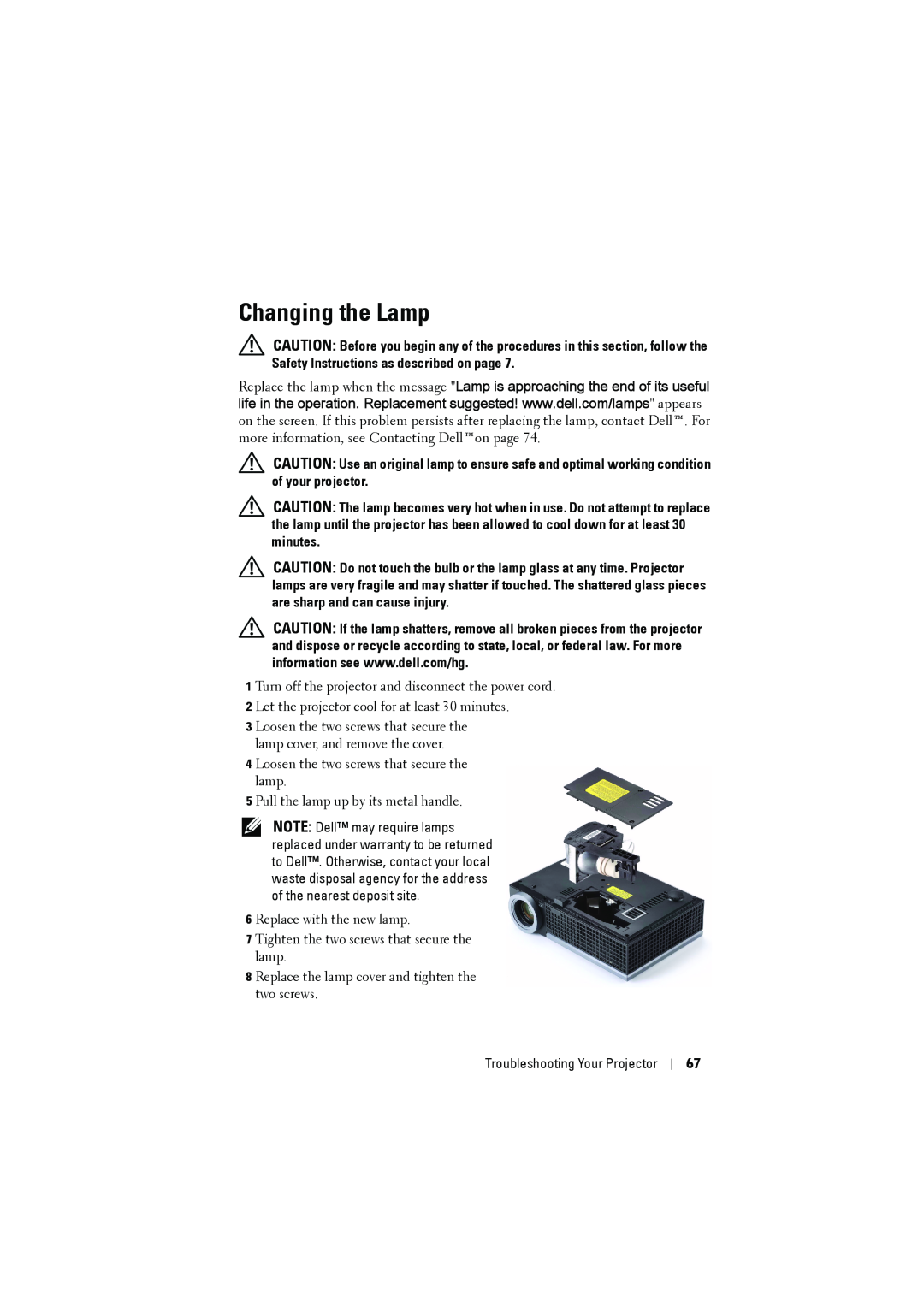 Dell 1610HD manual Changing the Lamp, Troubleshooting Your Projector 