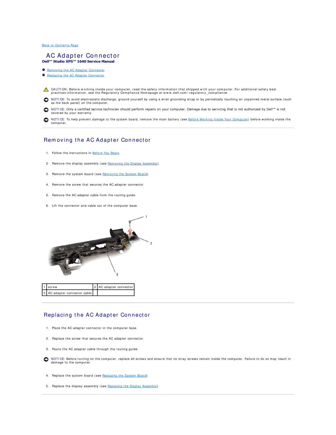 Dell 1640 manual Removing the AC Adapter Connector, Replacing the AC Adapter Connector 