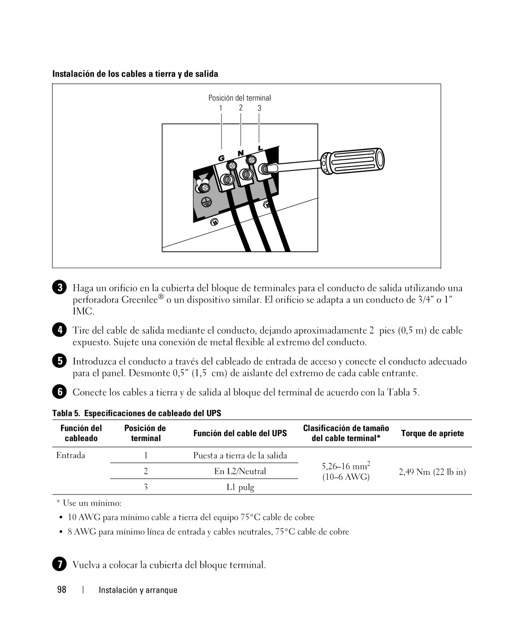 Dell 1642018871 manual Instalación de los cables a tierra y de salida, Tabla 5. Especificaciones de cableado del UPS 