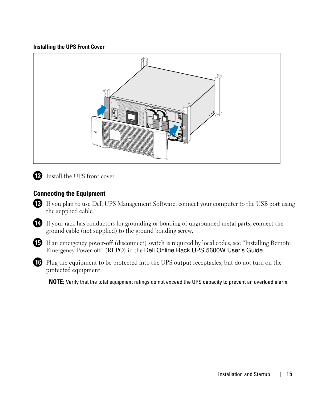 Dell 1642018871 manual Connecting the Equipment, Installing the UPS Front Cover 