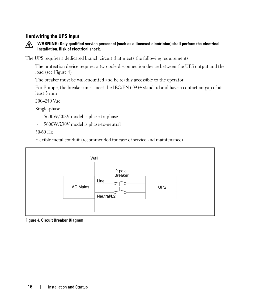 Dell 1642018871 manual Hardwiring the UPS Input, Circuit Breaker Diagram 