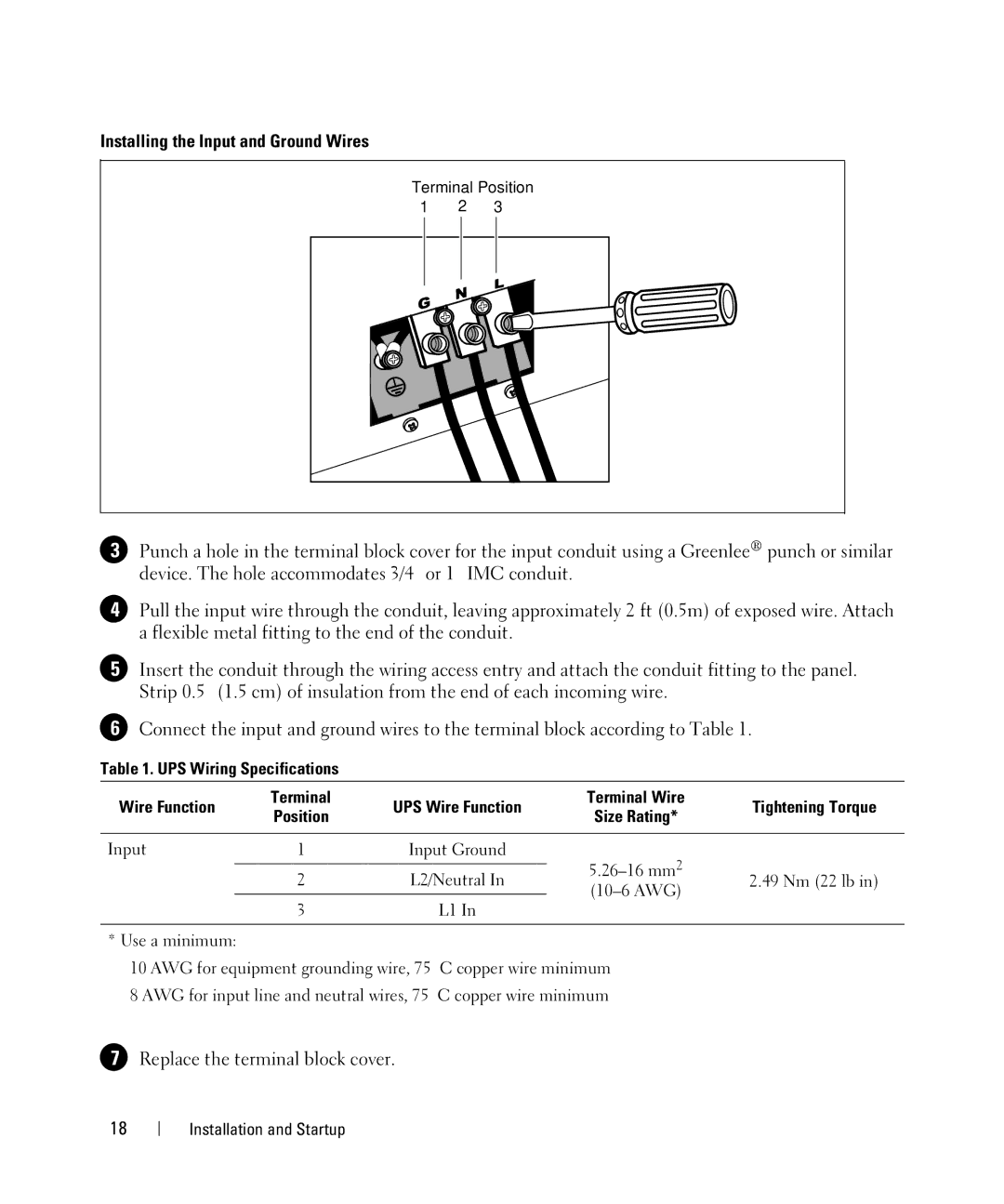 Dell 1642018871 manual Installing the Input and Ground Wires, UPS Wiring Specifications Wire Function 