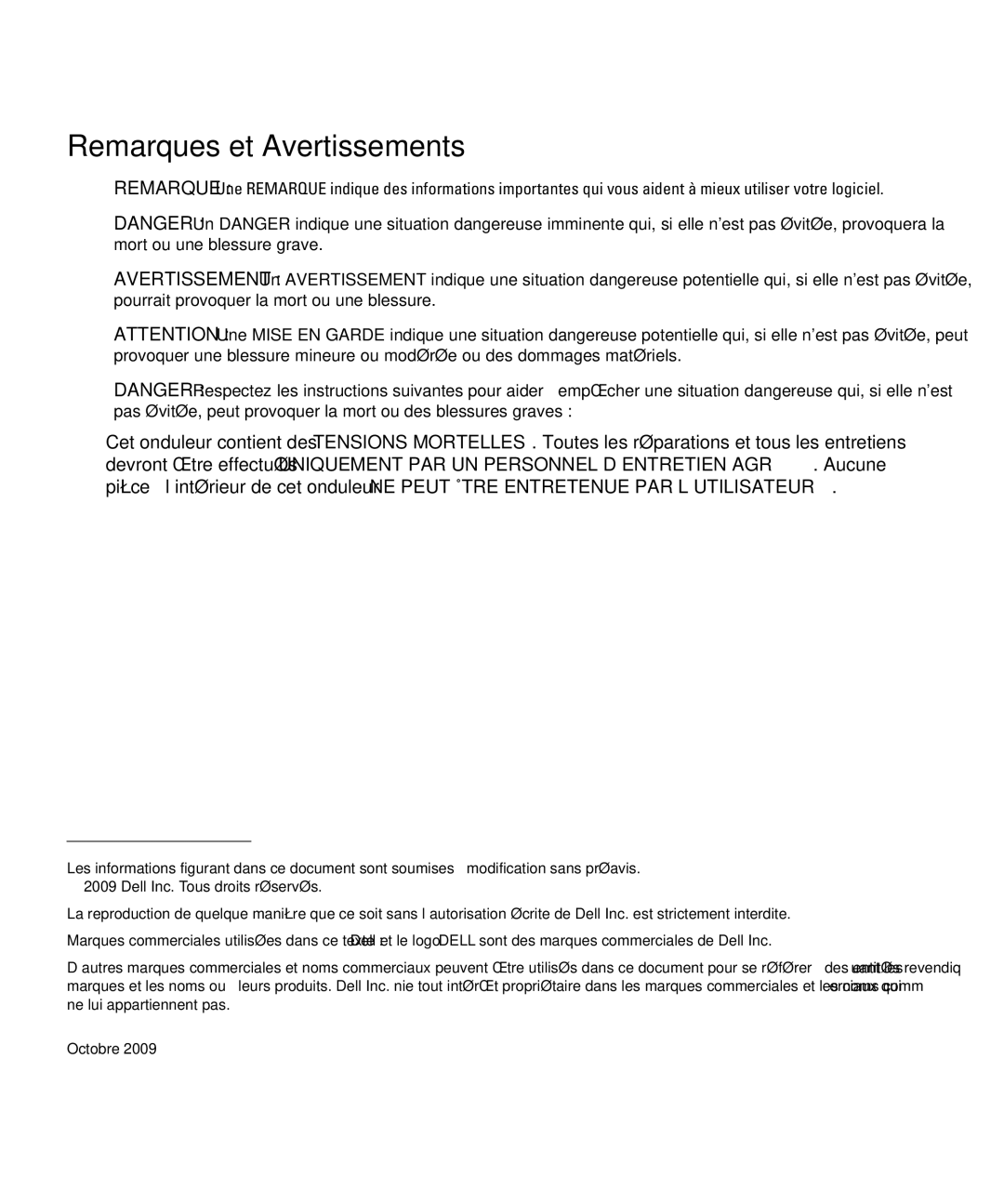 Dell 1642018871 manual Remarques et Avertissements 