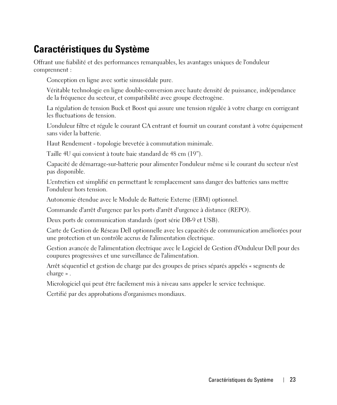 Dell 1642018871 manual Caractéristiques du Système 