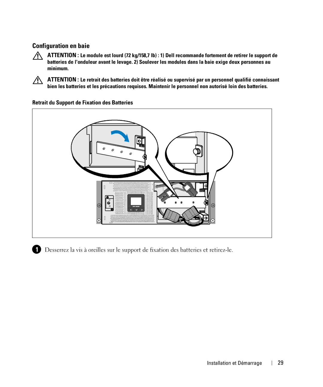 Dell 1642018871 manual Configuration en baie, Retrait du Support de Fixation des Batteries 