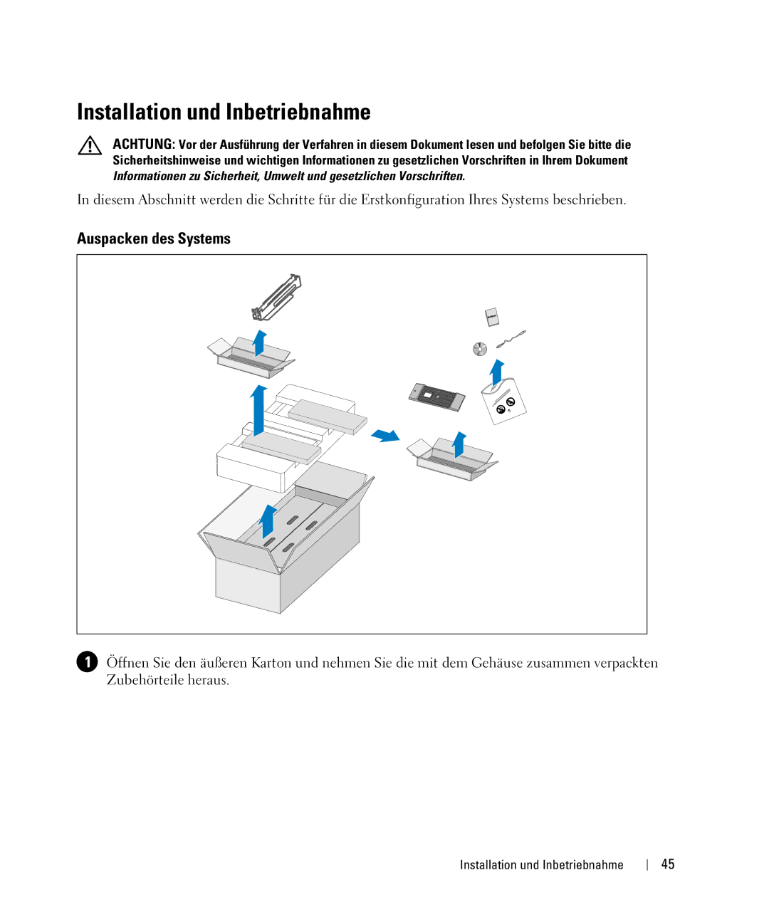 Dell 1642018871 manual Installation und Inbetriebnahme, Auspacken des Systems 