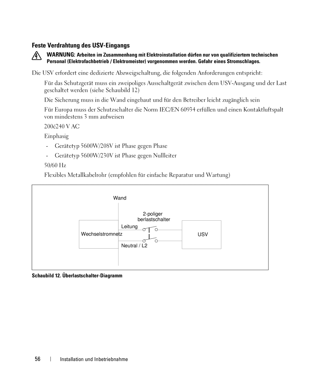 Dell 1642018871 manual Feste Verdrahtung des USV-Eingangs 