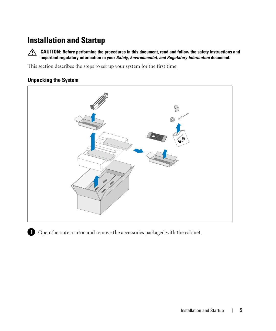 Dell 1642018871 manual Installation and Startup, Unpacking the System 