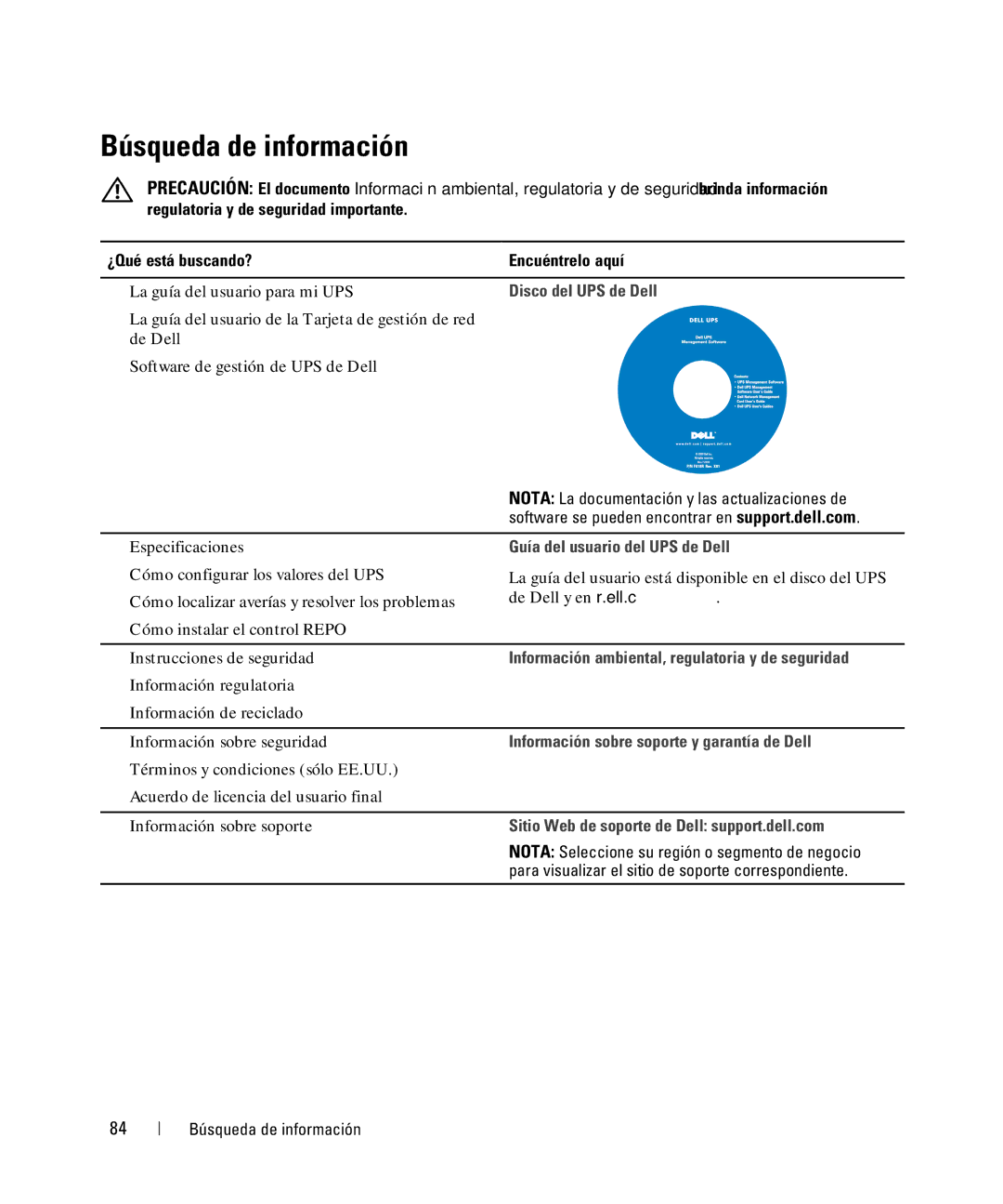 Dell 1642018871 manual Búsqueda de información, Disco del UPS de Dell 