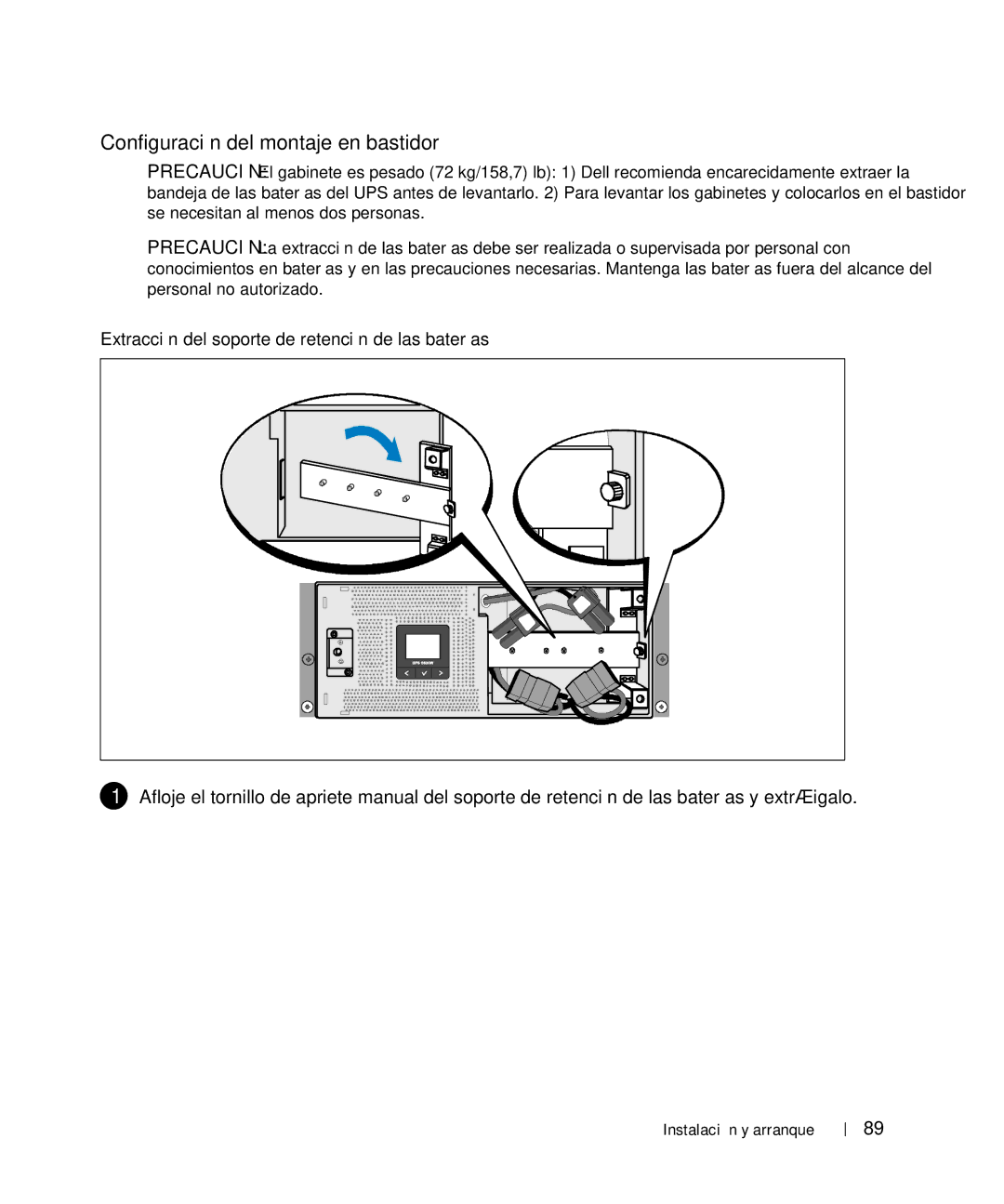 Dell 1642018871 manual Configuración del montaje en bastidor, Extracción del soporte de retención de las baterías 