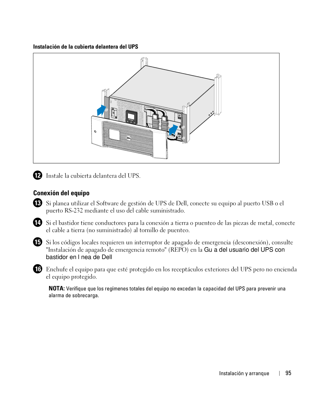 Dell 1642018871 manual Conexión del equipo, Instalación de la cubierta delantera del UPS 