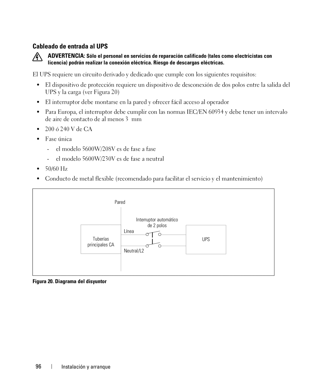 Dell 1642018871 manual Cableado de entrada al UPS, Figura 20. Diagrama del disyuntor 