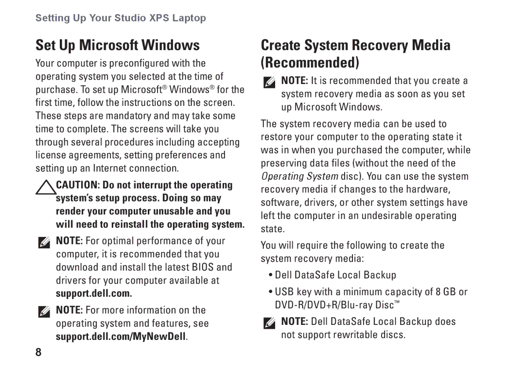 Dell PF42Y, 1645, 1647, PP35L setup guide Set Up Microsoft Windows, Create System Recovery Media Recommended, Support.dell.com 