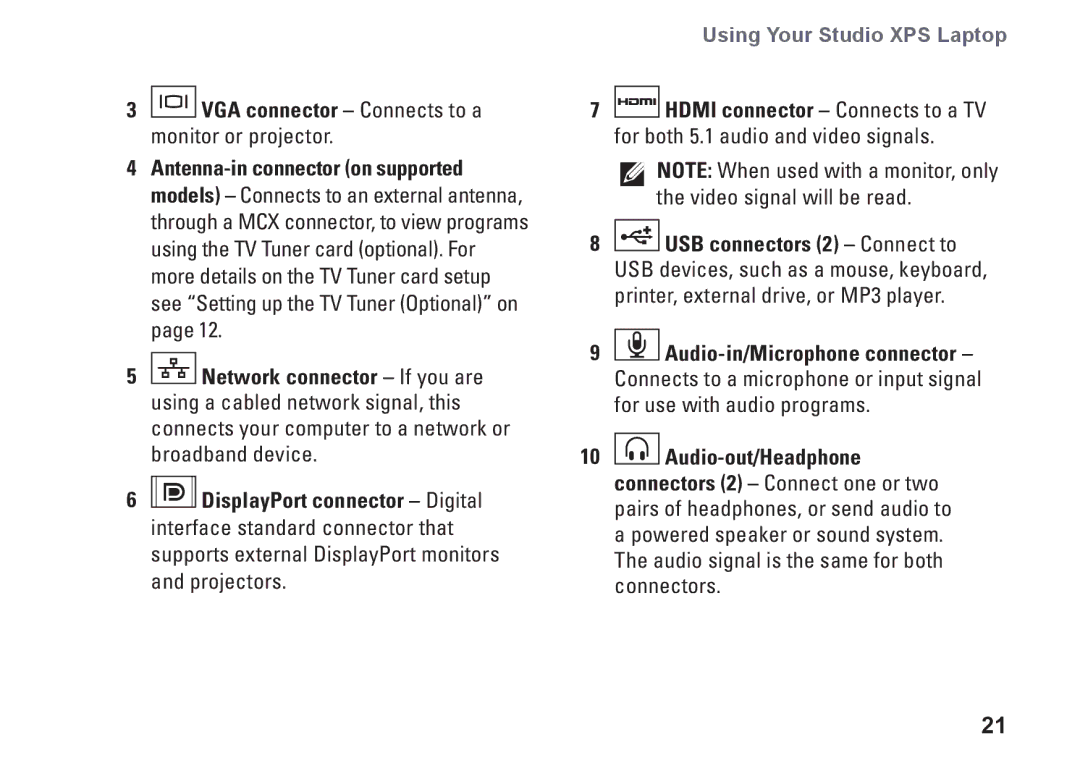 Dell PP35L, 1645, 1647, PF42Y setup guide VGA connector Connects to a monitor or projector 