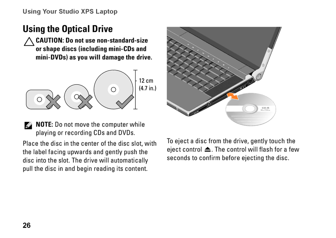 Dell 1645, 1647, PF42Y, PP35L setup guide Using the Optical Drive, Playing or recording CDs and DVDs 