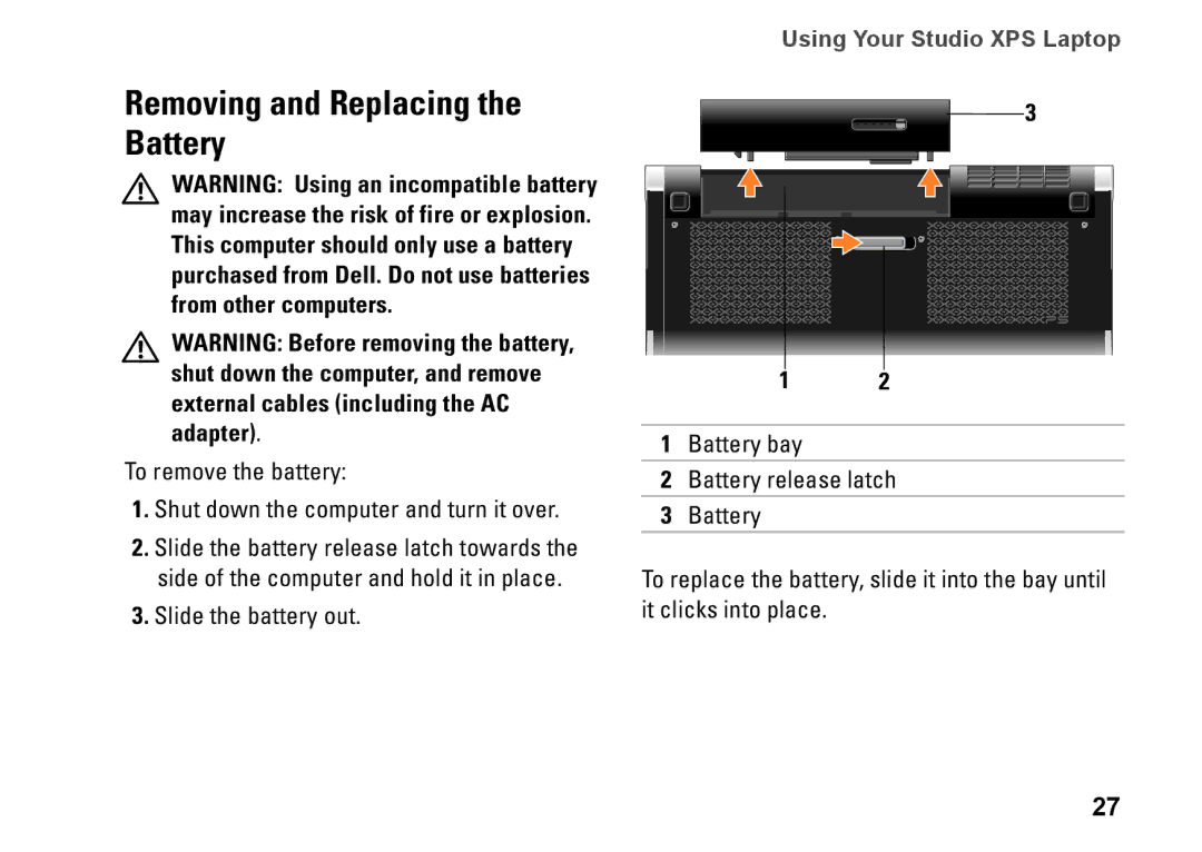 Dell 1647, 1645, PF42Y, PP35L setup guide Removing and Replacing the Battery, Slide the battery out 