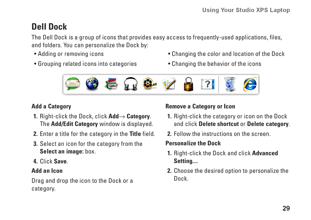 Dell PP35L, 1645, 1647, PF42Y Dell Dock, Add a Category, Add an Icon, Remove a Category or Icon, Personalize the Dock 