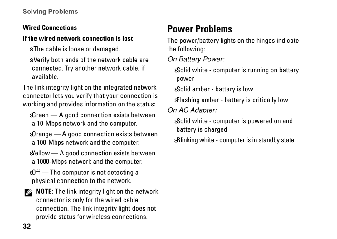 Dell PF42Y, 1645, 1647, PP35L setup guide Power Problems, Wired Connections If the wired network connection is lost 