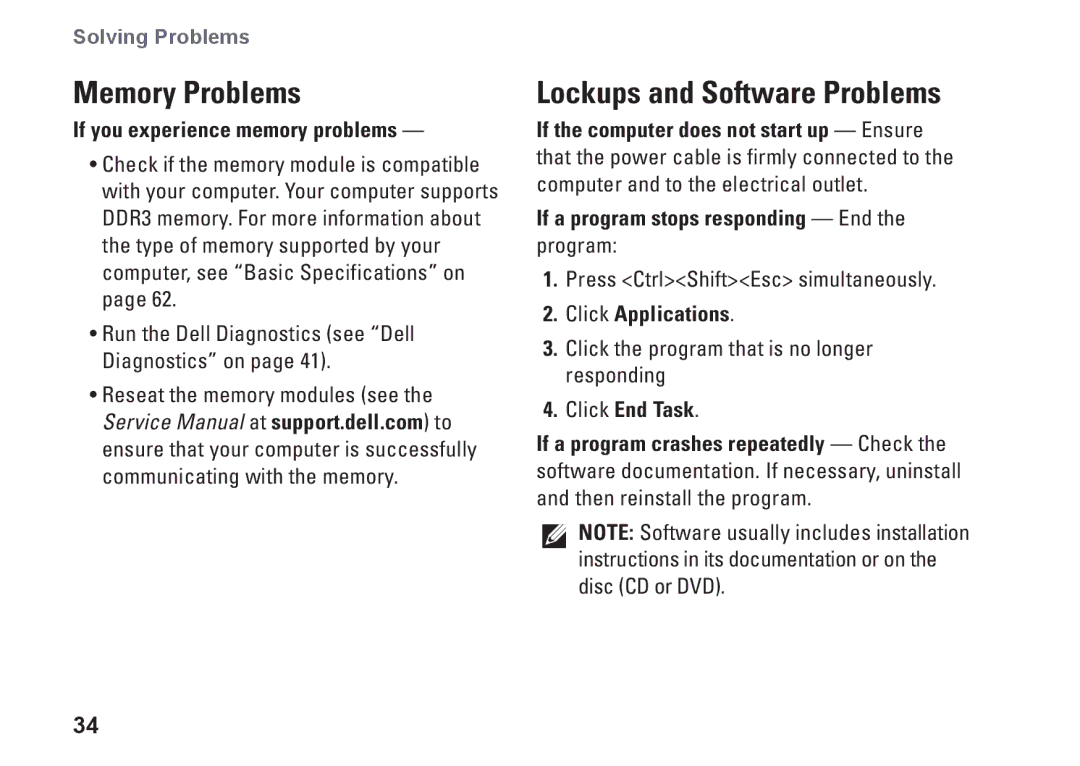 Dell 1645, 1647 Memory Problems, Lockups and Software Problems, If you experience memory problems, Click Applications 