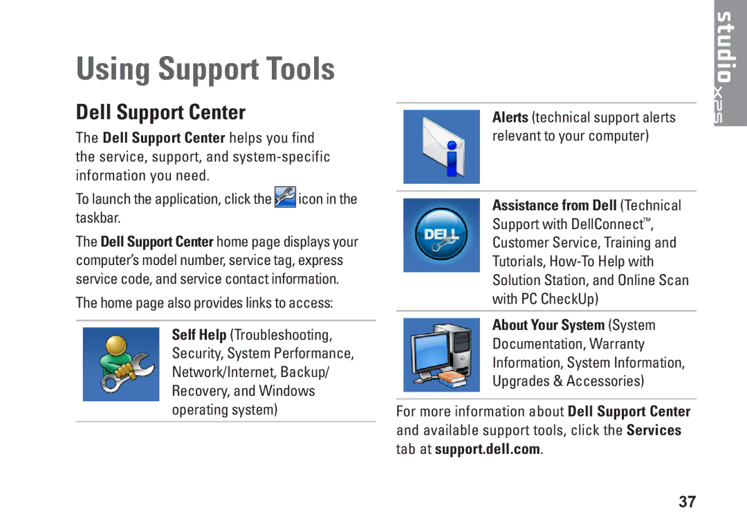 Dell PP35L, 1645, 1647 Using Support Tools, Dell Support Center, To launch the application, click the icon in the taskbar 