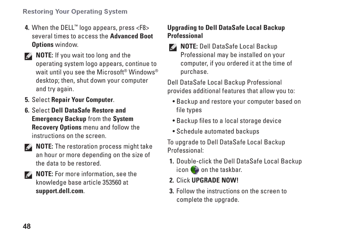 Dell PF42Y, 1645, 1647 Select Repair Your Computer, Upgrading to Dell DataSafe Local Backup Professional, Click Upgrade Now 