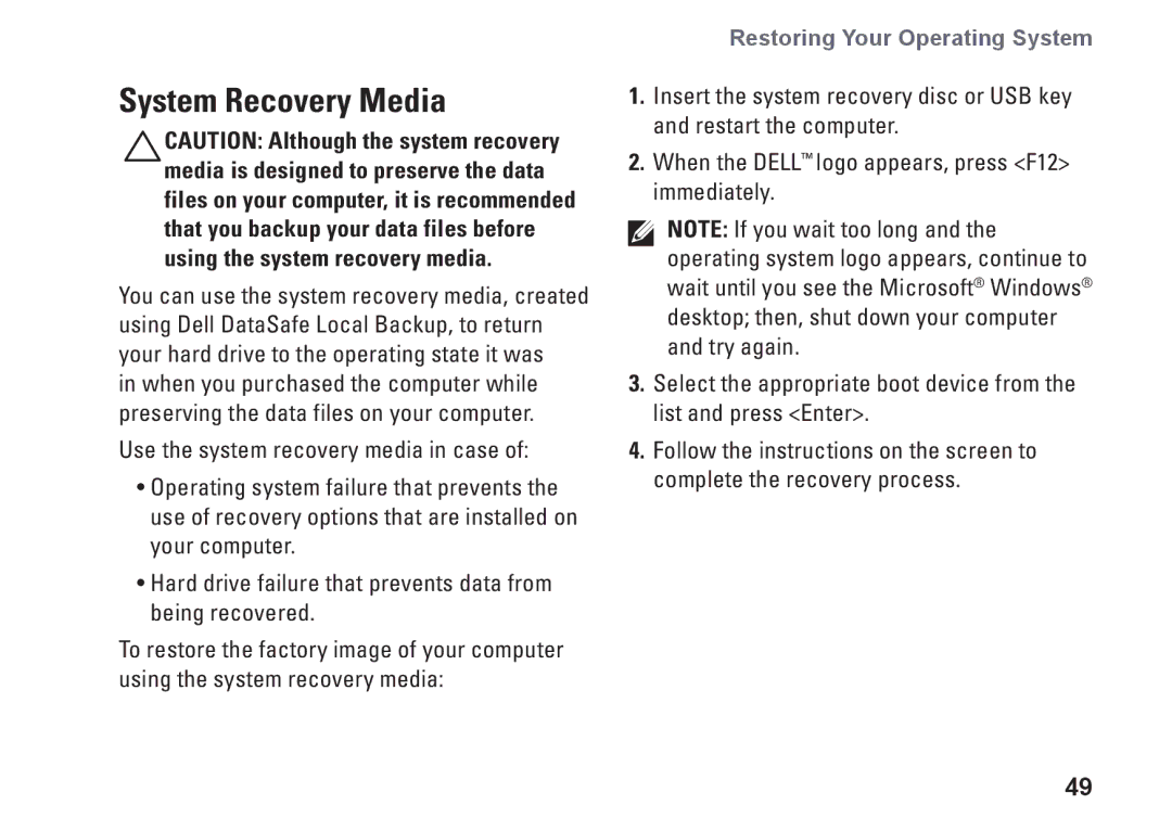 Dell PP35L, 1645, 1647, PF42Y setup guide System Recovery Media 