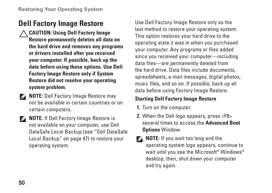 Dell 1645, 1647, PF42Y, PP35L setup guide Starting Dell Factory Image Restore 