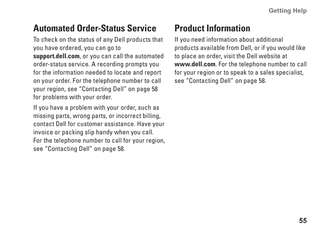 Dell 1647, 1645, PF42Y, PP35L setup guide Product Information, Automated Order-Status Service 