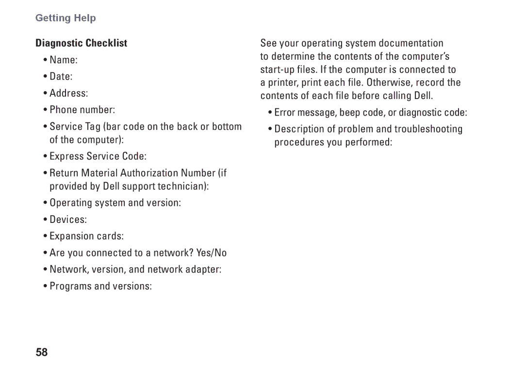 Dell 1645, 1647, PF42Y, PP35L setup guide Diagnostic Checklist 