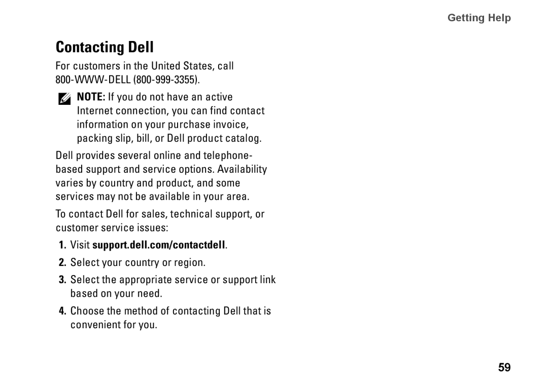 Dell 1647, 1645, PF42Y, PP35L setup guide Contacting Dell, For customers in the United States, call 800-WWW-DELL 