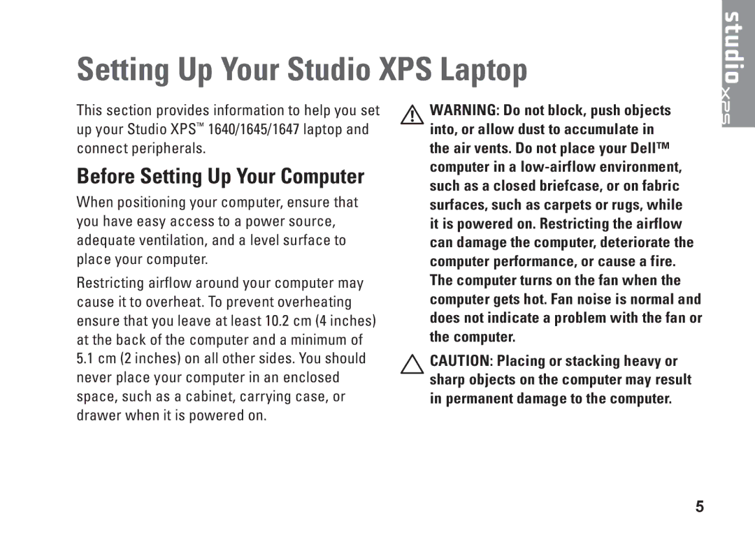 Dell PP35L, 1645, 1647, PF42Y setup guide Setting Up Your Studio XPS Laptop, Before Setting Up Your Computer 