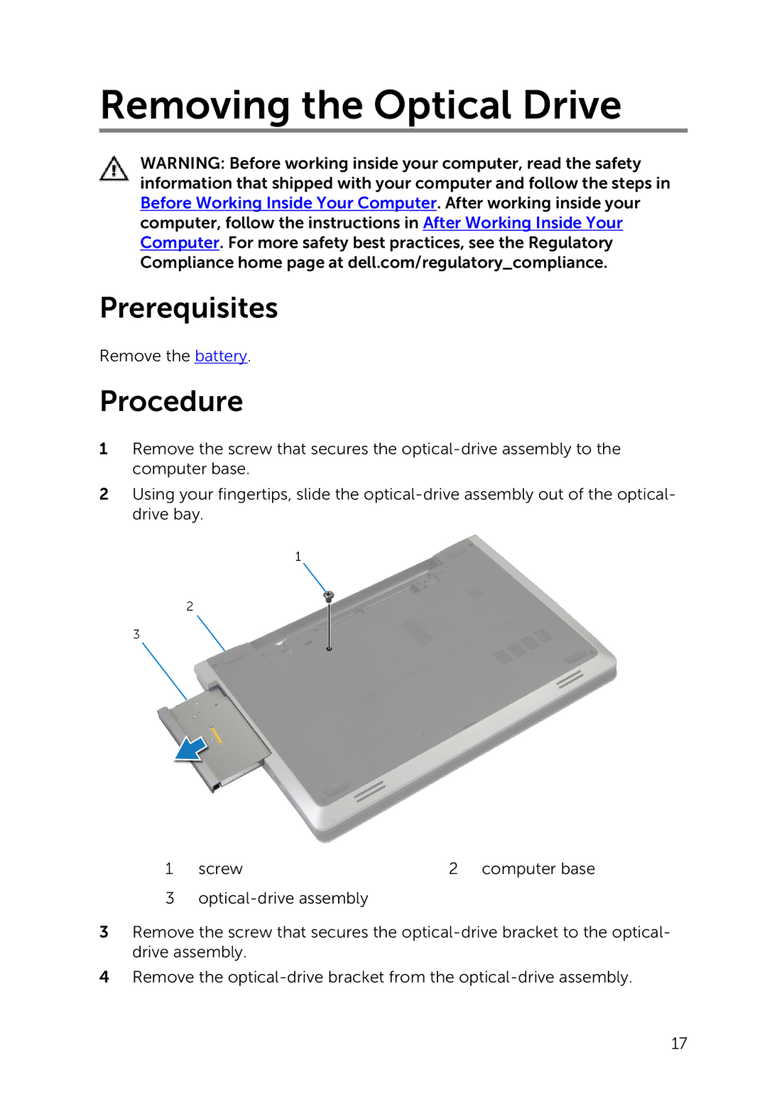 Dell P264001, 17-5748, 9264 owner manual Removing the Optical Drive 