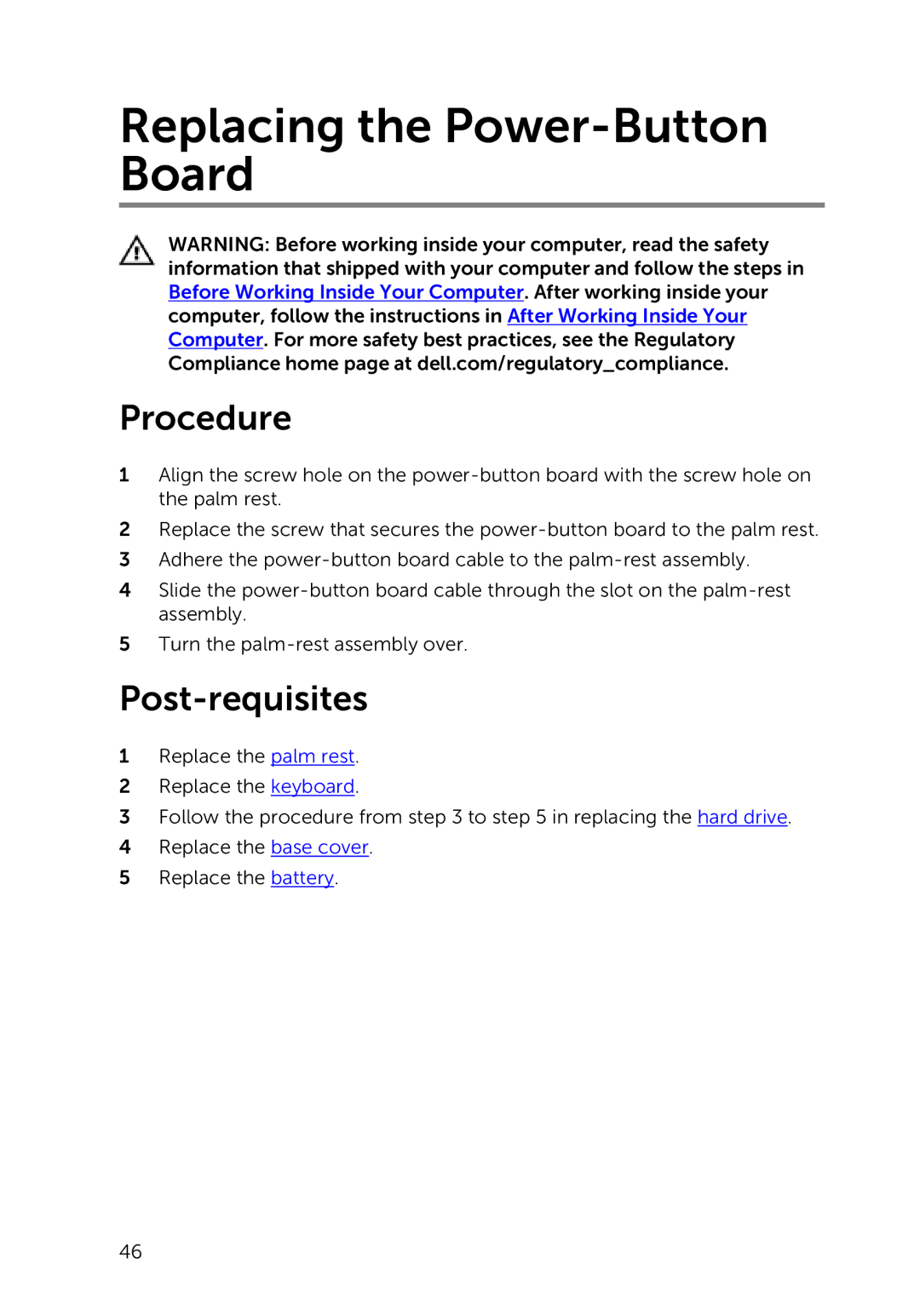 Dell 9264, 17-5748, P264001 owner manual Replacing the Power-Button Board 