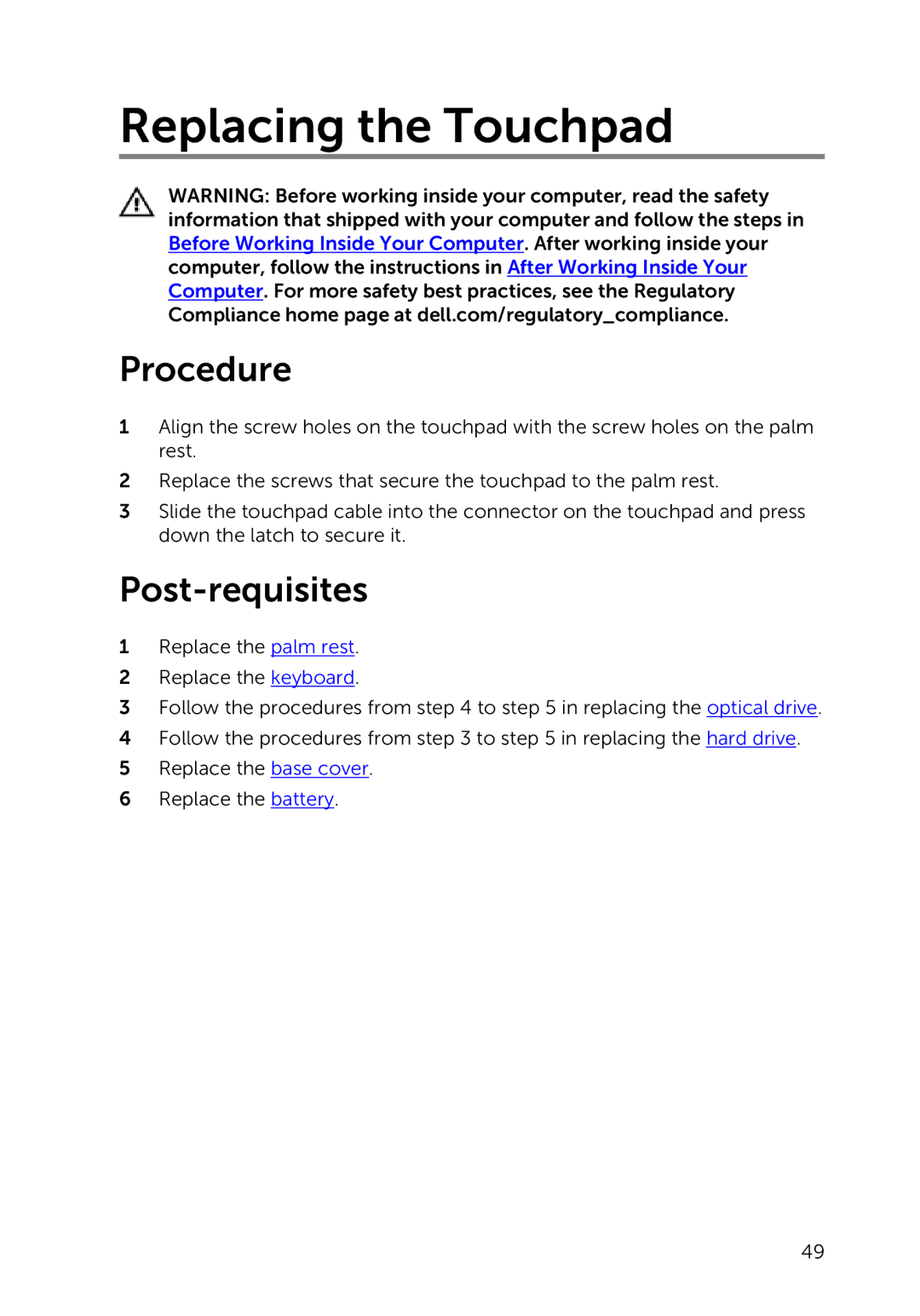 Dell 9264, 17-5748, P264001 owner manual Replacing the Touchpad 