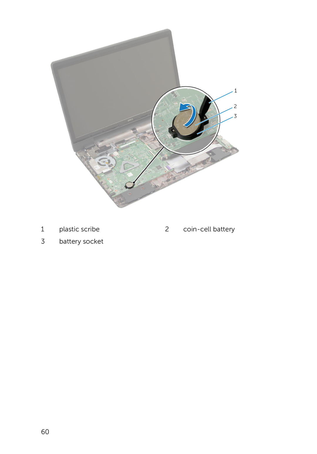 Dell 17-5748, 9264, P264001 owner manual Plastic scribe Coin-cell battery Battery socket 