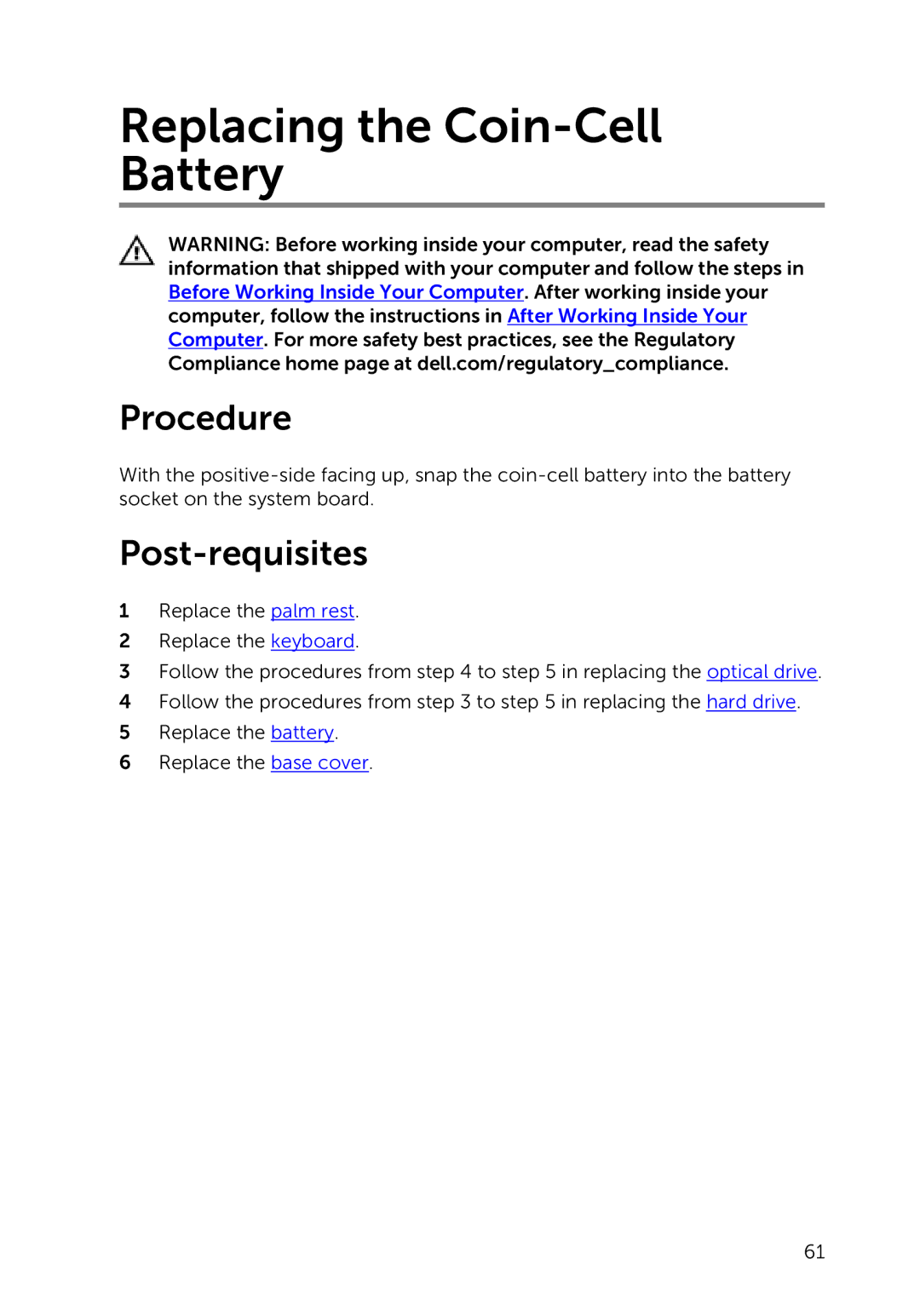 Dell 9264, 17-5748, P264001 owner manual Replacing the Coin-Cell Battery 