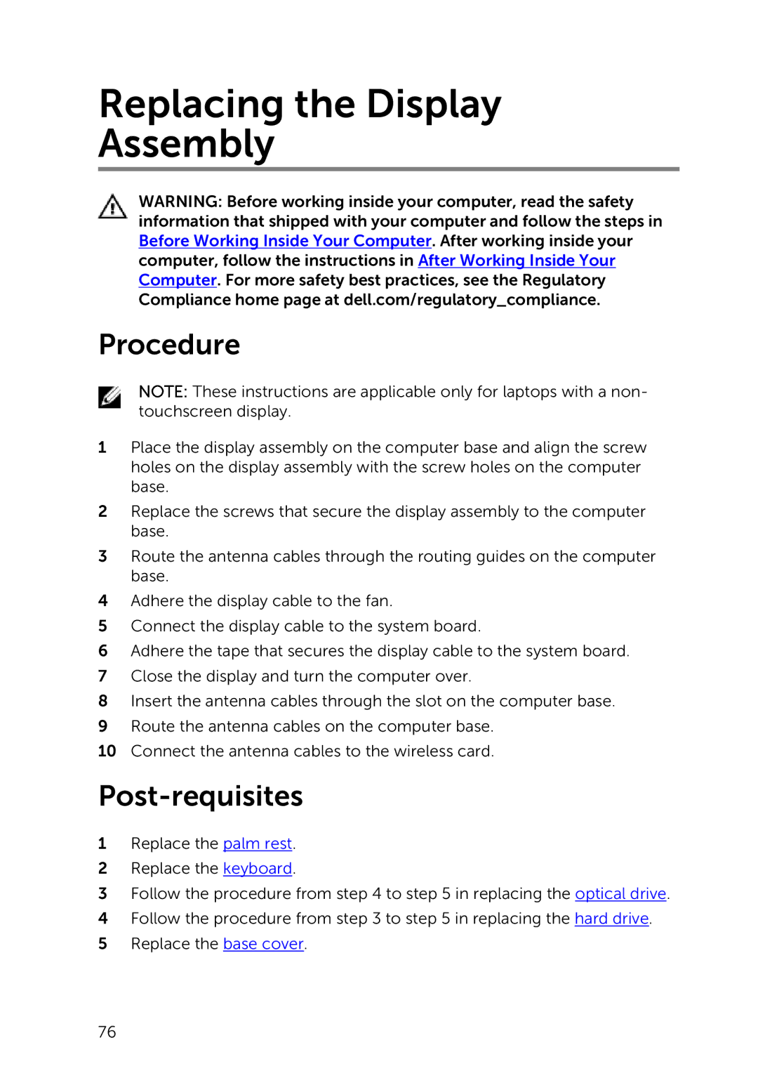 Dell 9264, 17-5748, P264001 owner manual Replacing the Display Assembly 