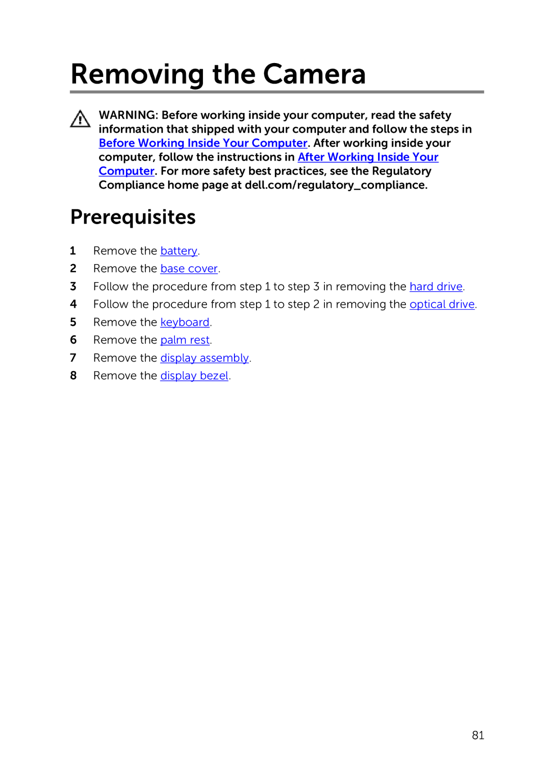 Dell 17-5748, 9264, P264001 owner manual Removing the Camera 