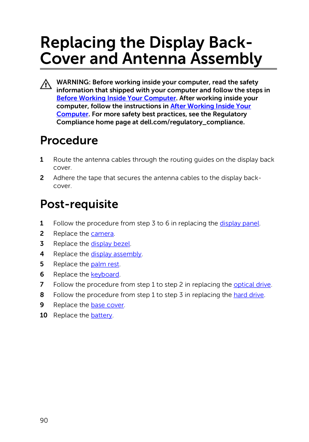 Dell 17-5748, 9264, P264001 owner manual Replacing the Display Back- Cover and Antenna Assembly, Post-requisite 