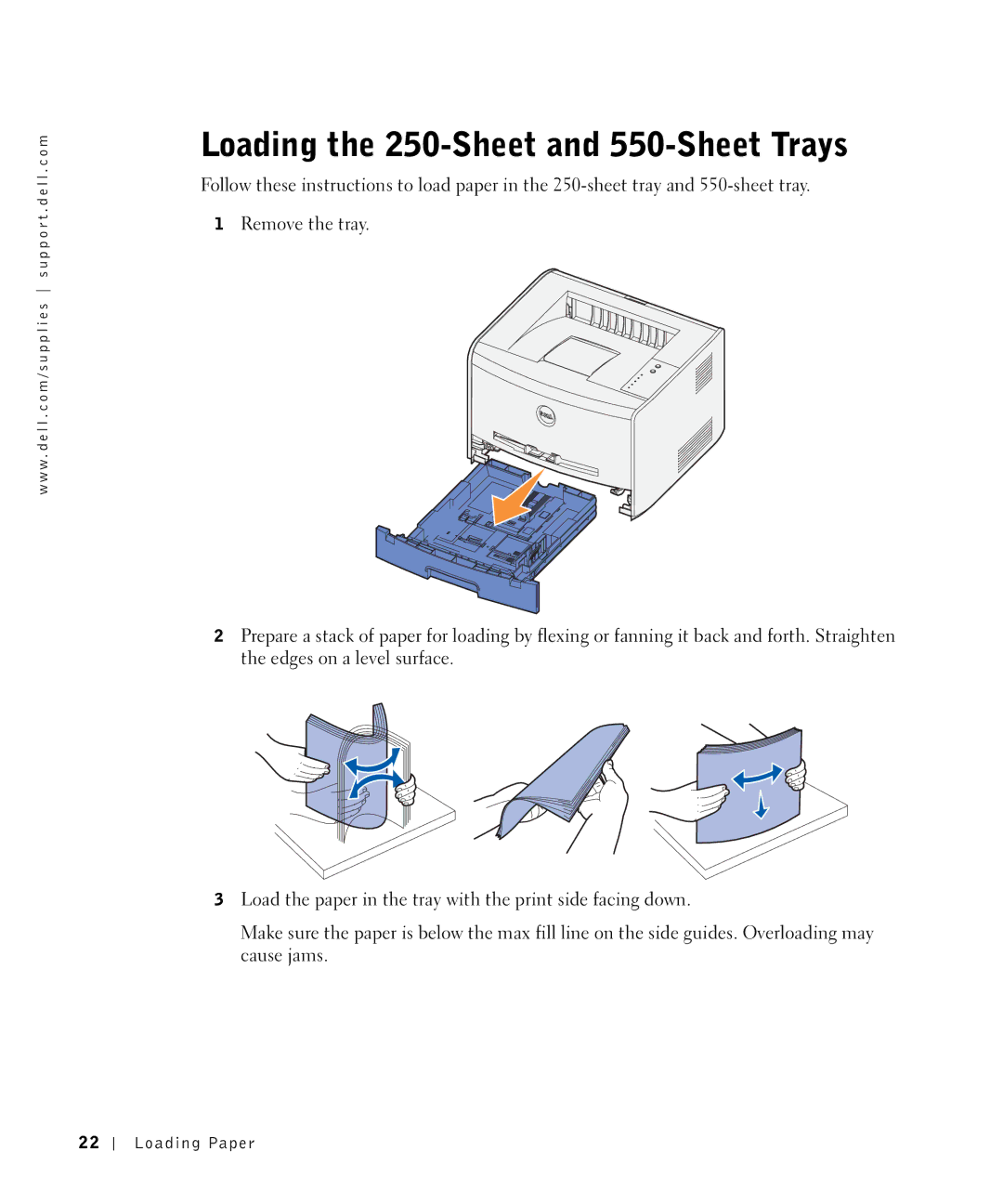 Dell 1700N owner manual Loading the 250-Sheet and 550-Sheet Trays 