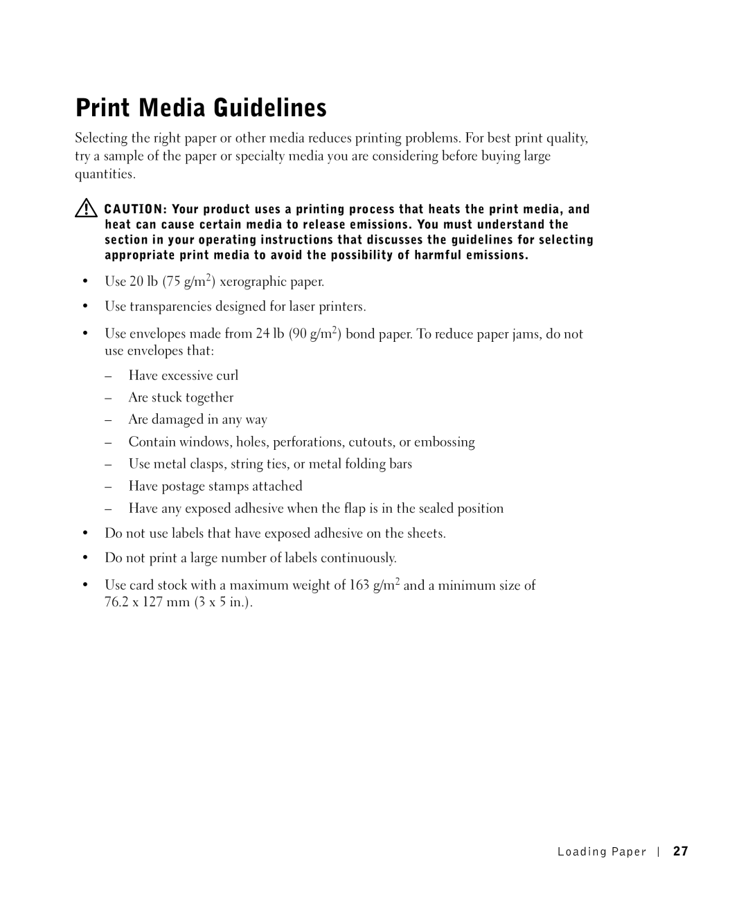 Dell 1700N owner manual Print Media Guidelines 