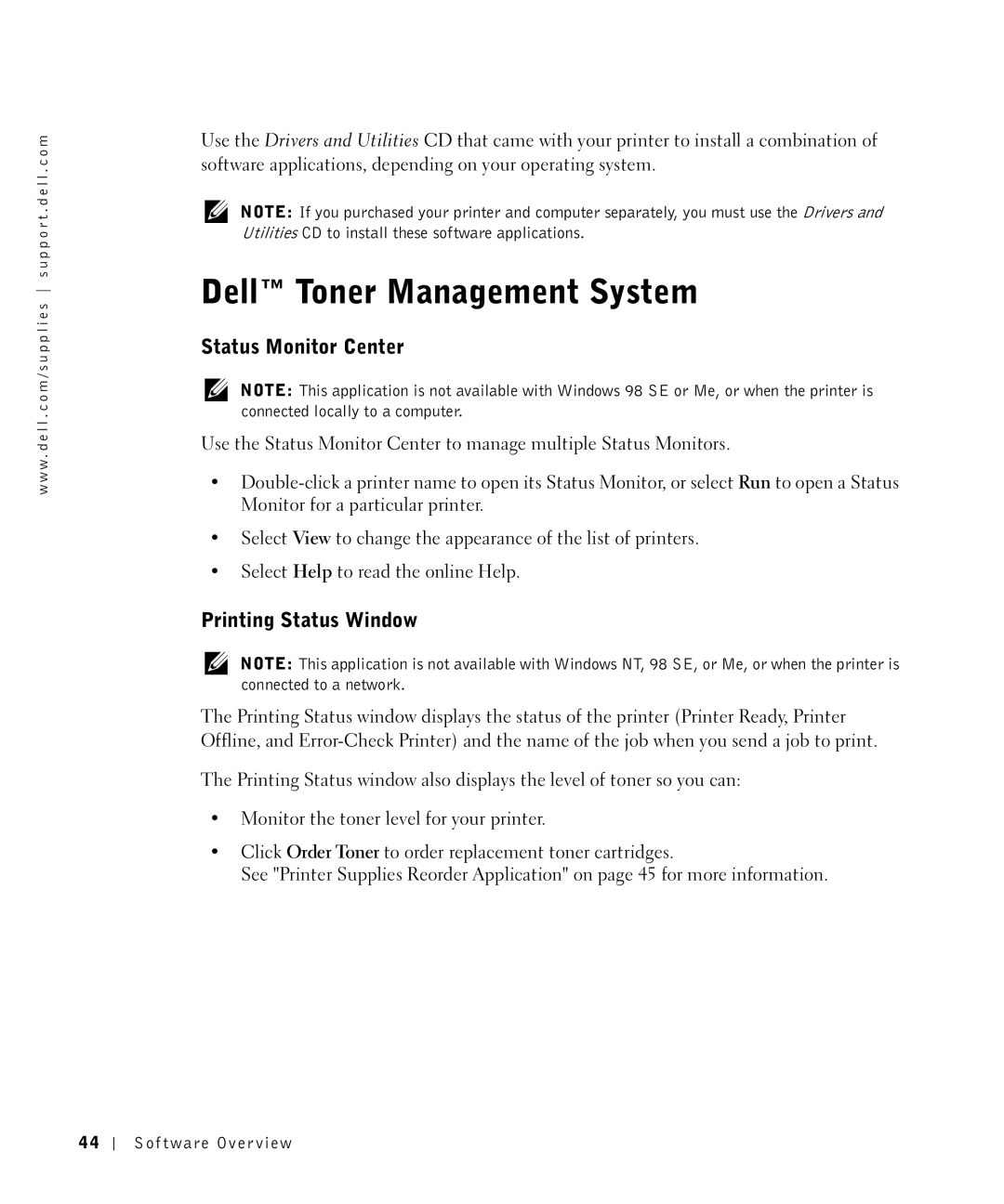 Dell 1700N owner manual Dell Toner Management System, Status Monitor Center, Printing Status Window 