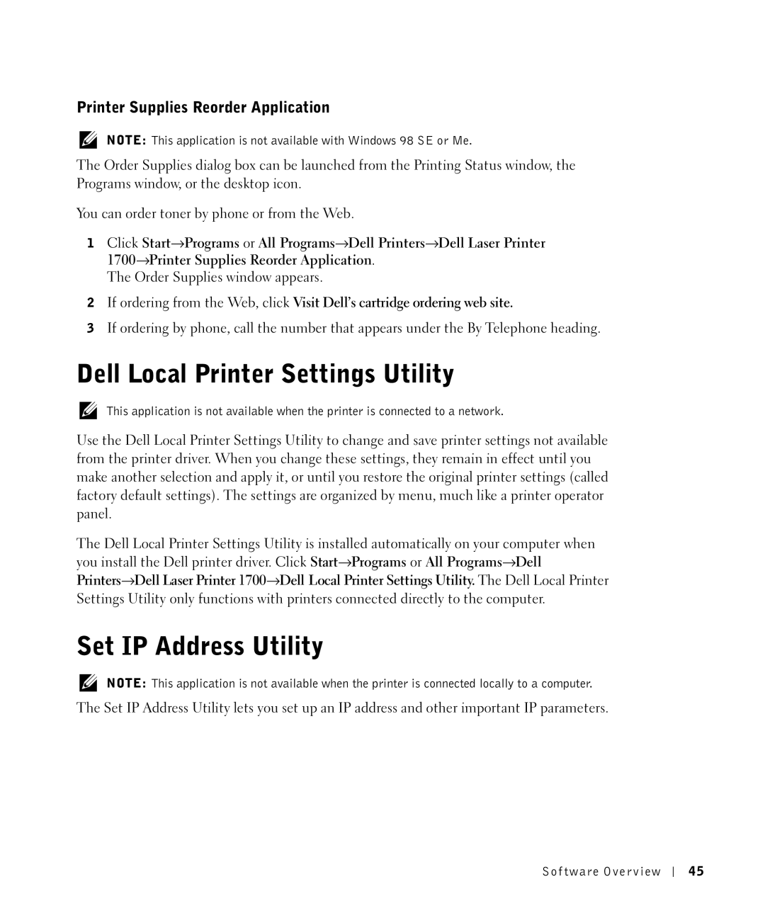 Dell 1700N owner manual Dell Local Printer Settings Utility, Set IP Address Utility, Printer Supplies Reorder Application 