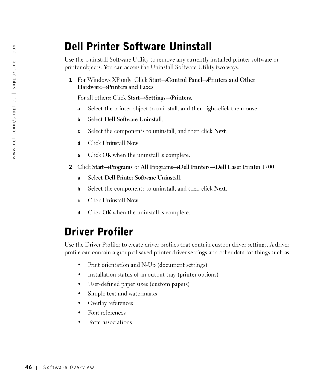 Dell 1700N owner manual Dell Printer Software Uninstall, Driver Profiler 