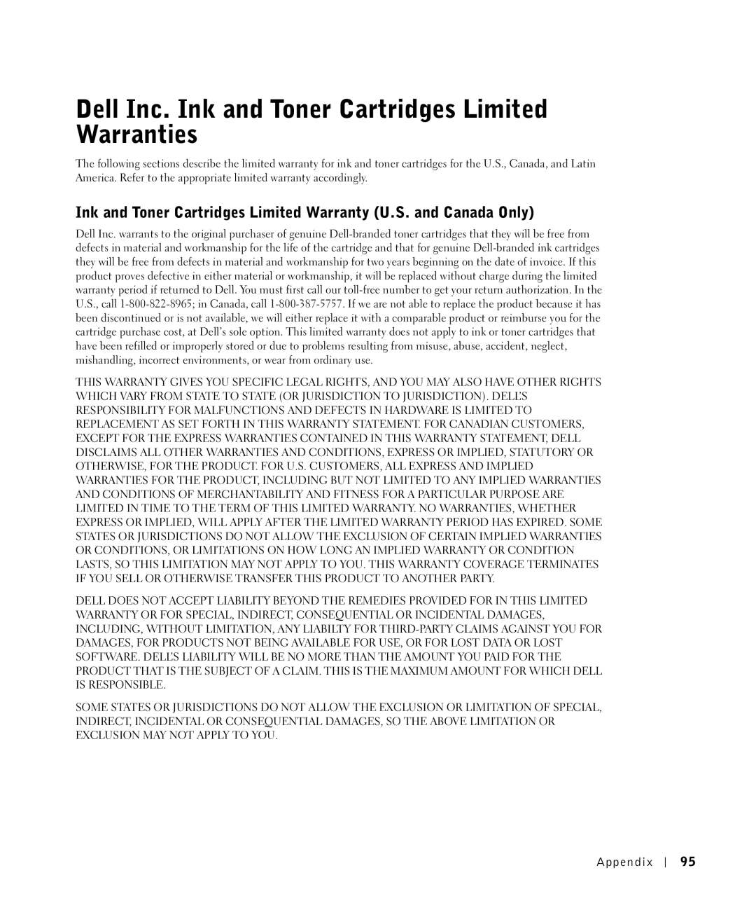 Dell 1700N owner manual Dell Inc. Ink and Toner Cartridges Limited Warranties 