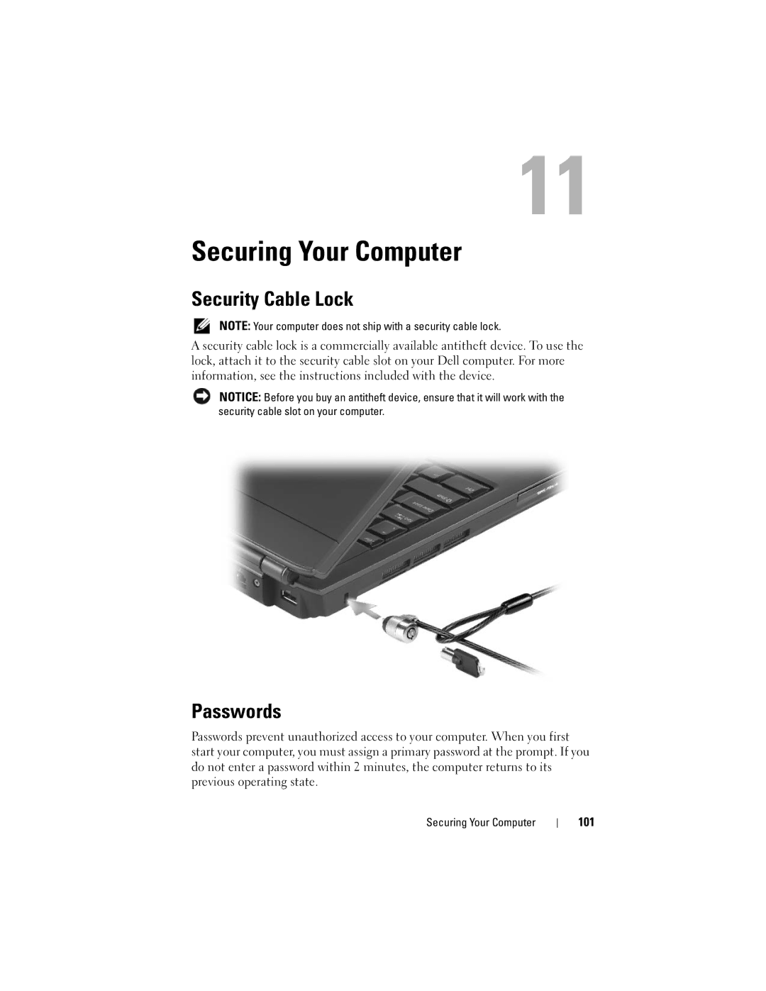 Dell 1700 manual Securing Your Computer, Security Cable Lock, Passwords, 101 