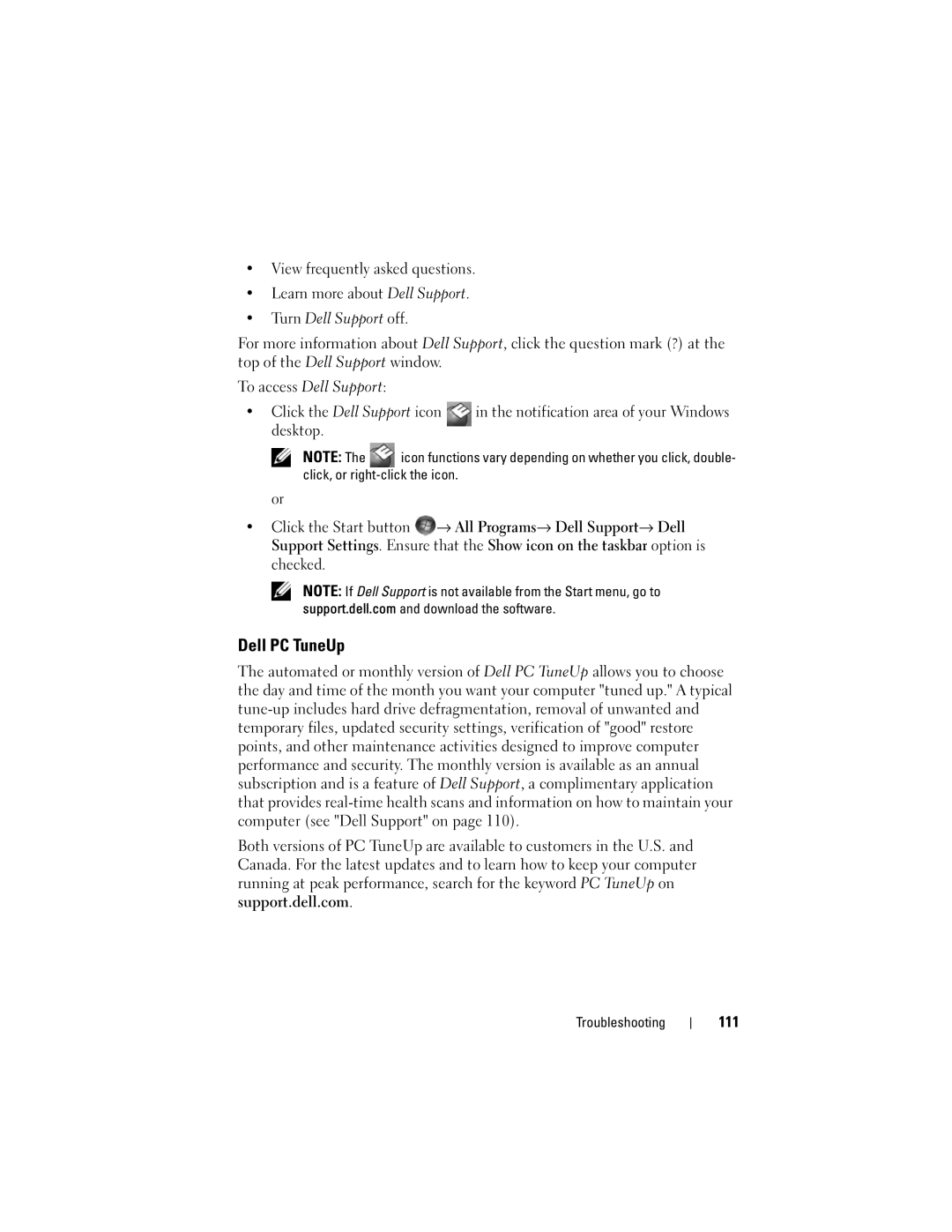 Dell 1700 manual Dell PC TuneUp, Click the Dell Support icon, 111 